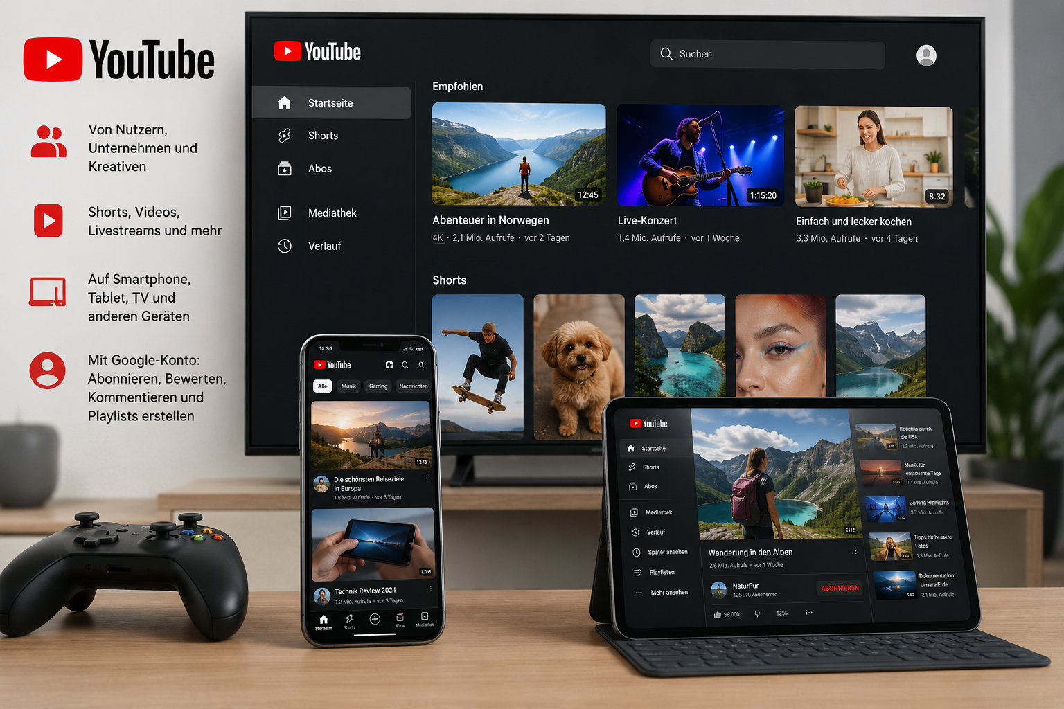 YouTube Videos, Shorts, Musik und Livestreams entdecken